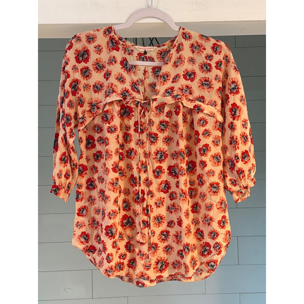 Rebecca Taylor Red Floral 100% Silk Tie Front Tassel Blouse Top Womens 2